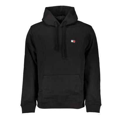 Tommy Hilfiger Black Cotton Men Sweater with Hood featuring central pocket and iconic logo.