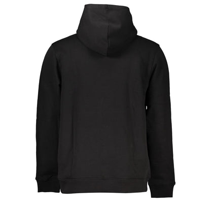 Tommy Hilfiger Black Cotton Men Sweater with Hood, back view of sleek black hooded sweatshirt, transitional cotton, central pocket.