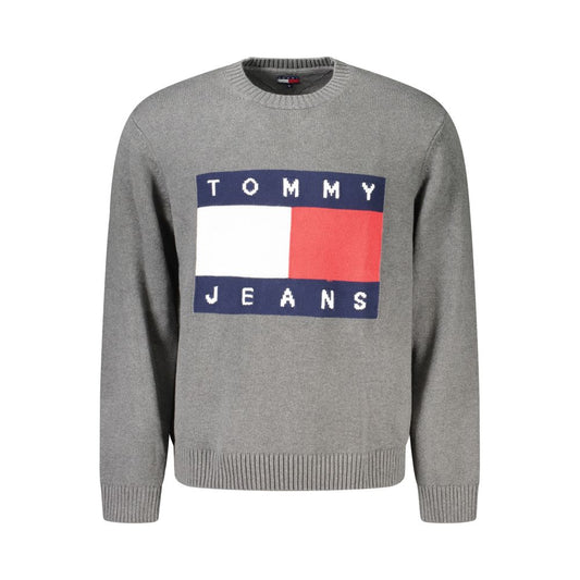 Tommy Hilfiger Gray Cotton Men Sweater with logo embroidery, classic crew neck design, made from eco-friendly regenerative cotton.