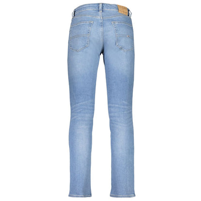Back view of Tommy Hilfiger Light Blue Cotton Men Jeans showcasing slim fit and designer logo embroidery.