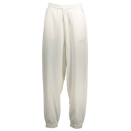 Tommy Hilfiger White Cotton Pant, sports trousers with elastic waistband, laces, pockets, embroidery, logo, recycled fiber blend