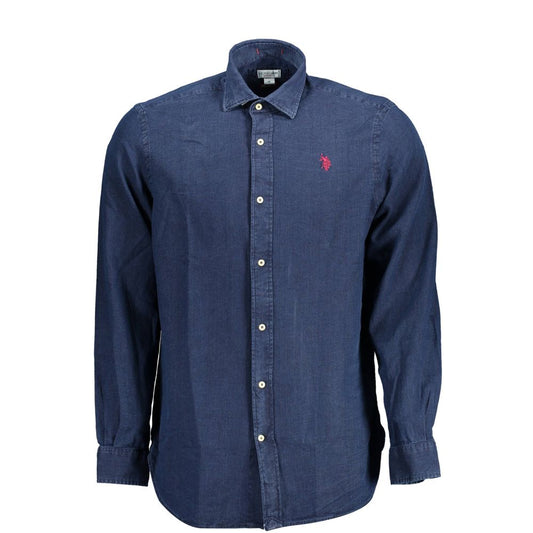 U.S. POLO ASSN. Blue Cotton Men Shirt with stripe design and logo embroidery