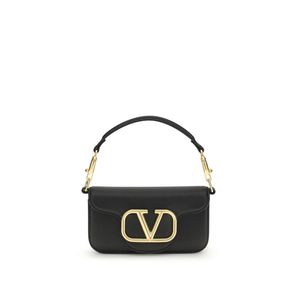 Valentino Garavani Black Calf Leather Bos Taurus Shoulder Bag with VLogo and removable straps.