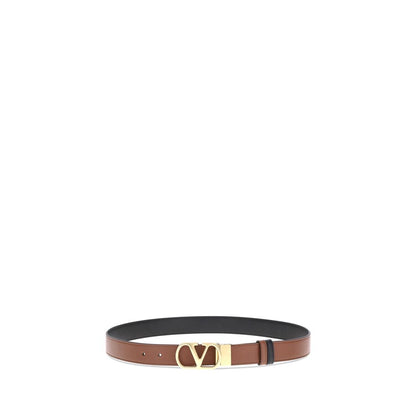 Valentino Garavani Brown Calf Leather Bos Taurus Regular Belt with iconic gold VLogo buckle, reversible for versatile style.