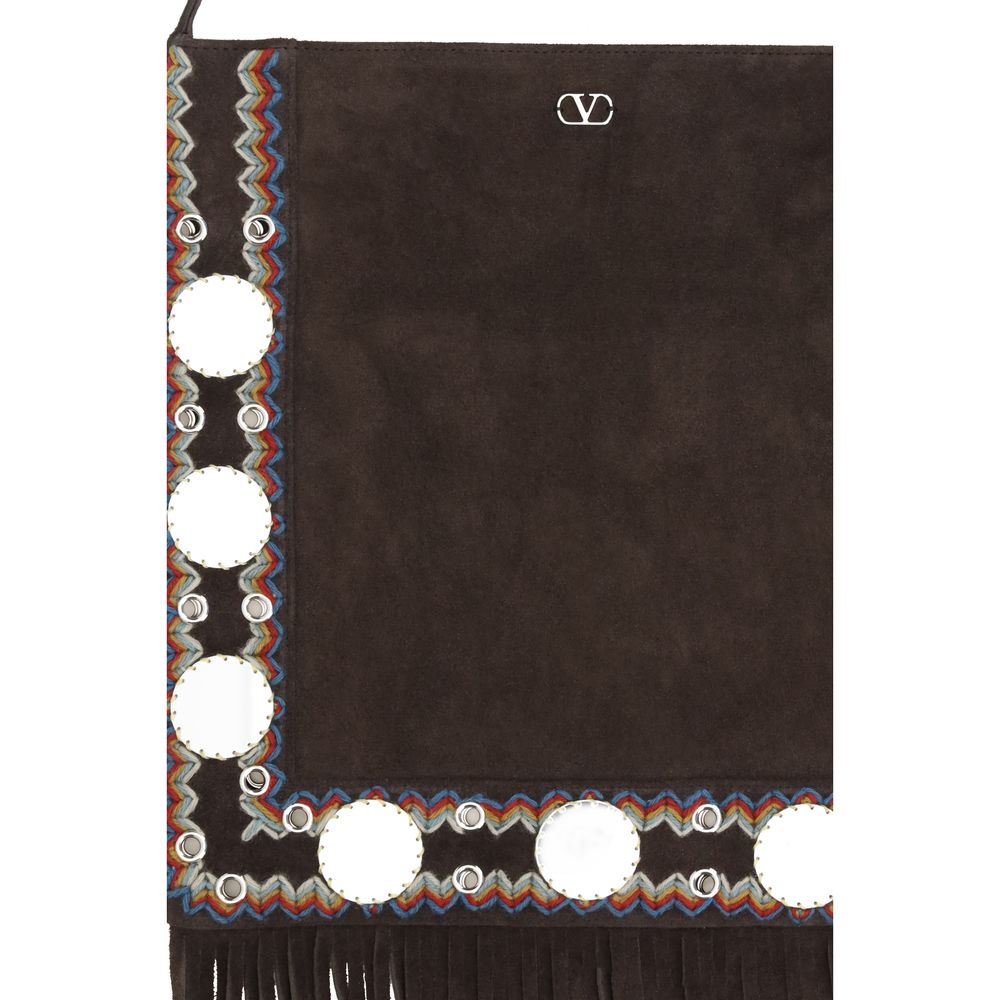 Valentino Garavani Brown Calf Leather Bos Taurus Shoulder Bag with fringes and studded trim