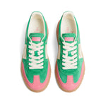 Valentino Garavani Upvillage Sneaker In Crust, hot pink calf suede, two-tone design with panelled detailing, and vulcanised-rubber sole.