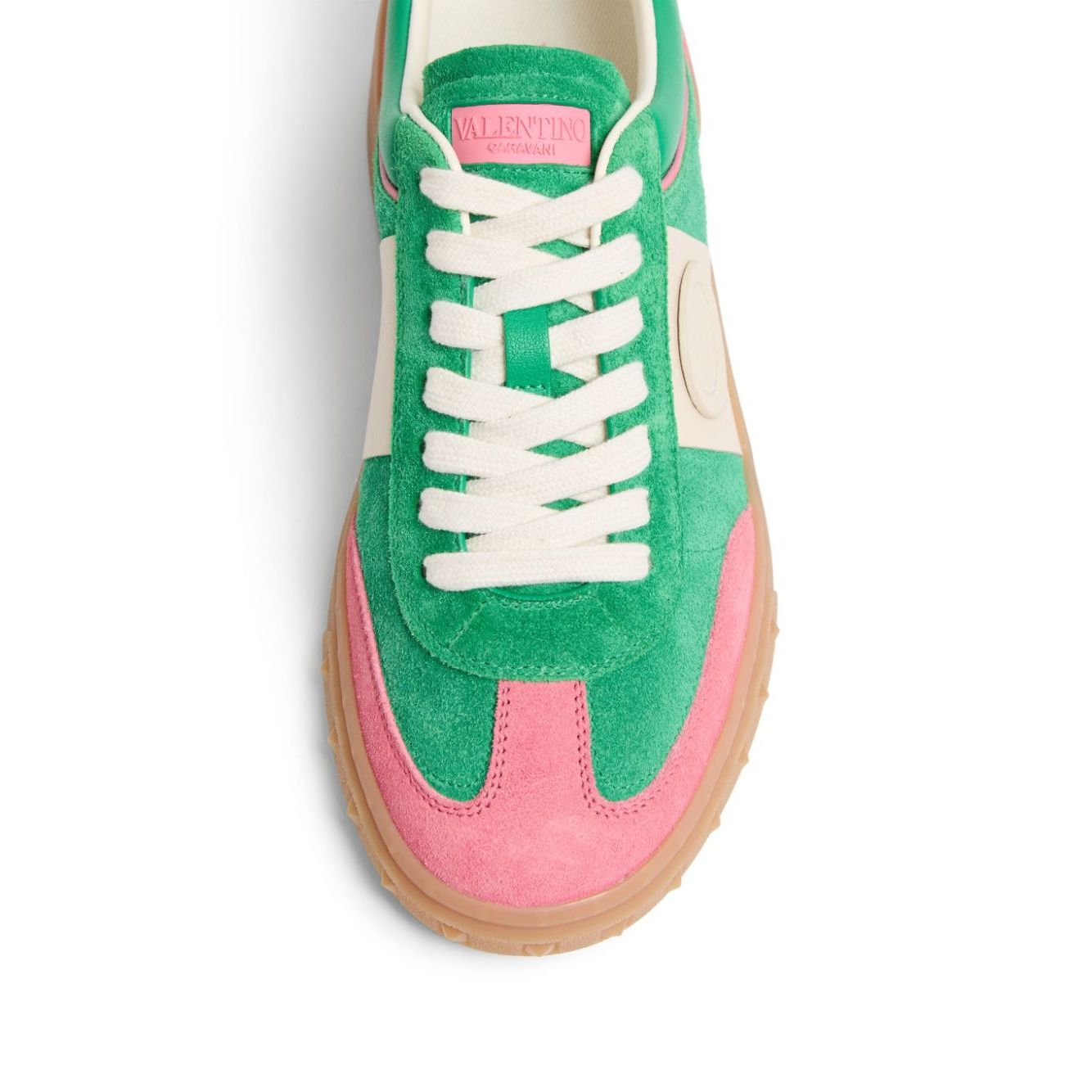 Valentino Garavani Upvillage Sneaker In Crust, hot pink and green panelled suede with lace-up front and vulcanised-rubber sole.