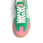 Valentino Garavani Upvillage Sneaker In Crust, hot pink and green panelled suede with lace-up front and vulcanised-rubber sole.