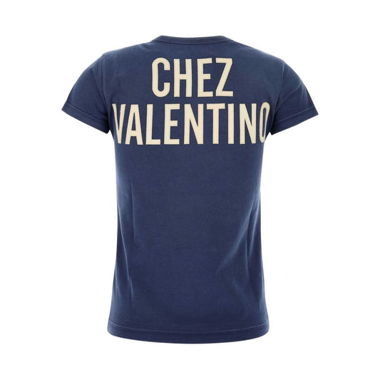 Valentino Graphic-lettering t-shirt in navy blue with bold typography, heart details, and short sleeves. Back view with logo lettering.