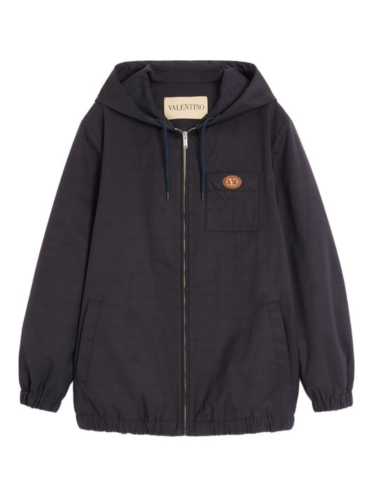 Valentino Nylon Hooded Jacket with VLogo Patch, navy blue with zip fastening, classic hood, chest patch pocket, and side welt pockets.
