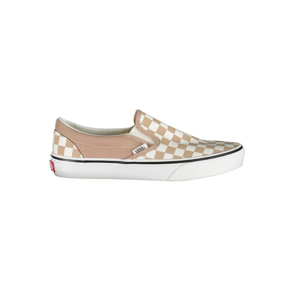 Vans Beige Polyester Sneaker, classic slip-on design, checked pattern, elastic fit, featuring contrasting details and logo.