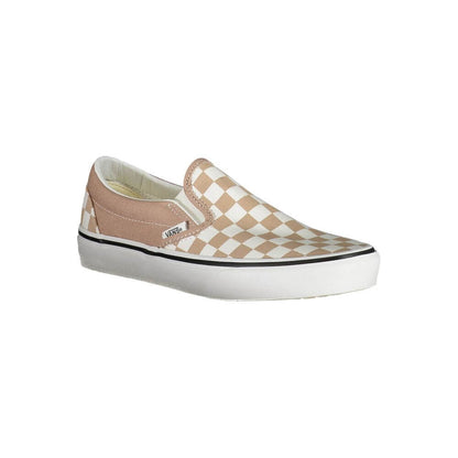 Vans Beige Polyester Sneaker with classic slip-on style, checked pattern, contrasting details, elastic fit, and logo detailing.