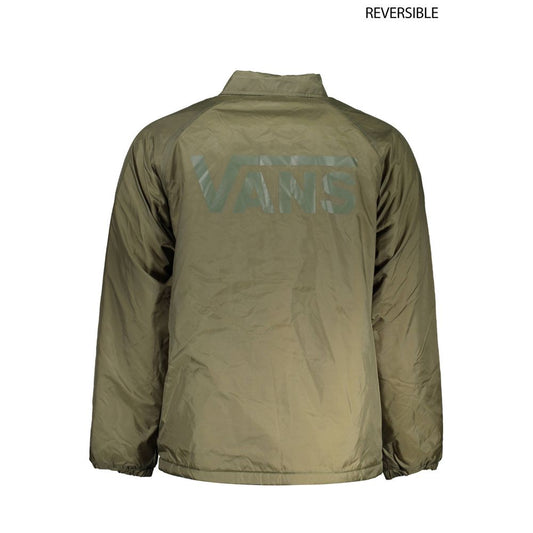 Vans Green Nylon Jacket, reversible waterproof design with fleece interior, featuring logo print, contrasting details, buttons, and zip.