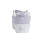 Rear view of Vans Purple Suede Leather Sneaker showcasing flat sole and iconic design.