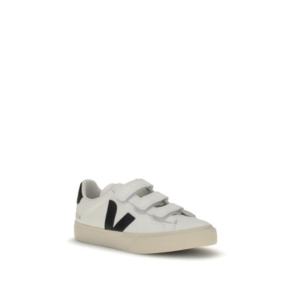 Veja White Rubber Low Top Sneakers with three straps, contrasting panels, and brand logo on sides, featuring a round toe and embossed tongue.