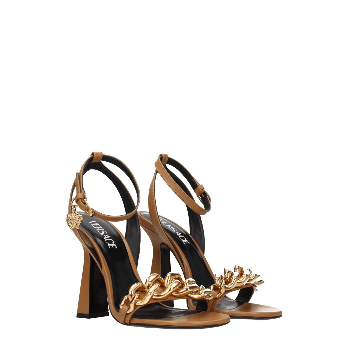 Versace Brown Leather Stiletto Heel Sandals with gold side detail and buckle closure, high heel and open toe design.