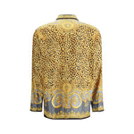 Back view of Versace Silk Cheetah Foulard Shirt with vibrant cheetah and baroque patterns, including Medusa button detail on fine silk.