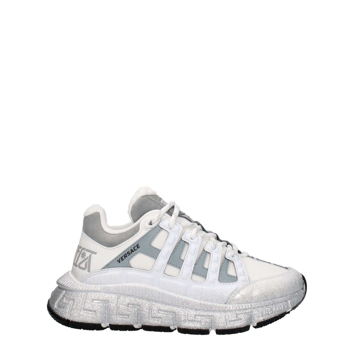 Versace White Fabric Athletic Sneakers featuring logos, lace-up closure, and rubber sole.