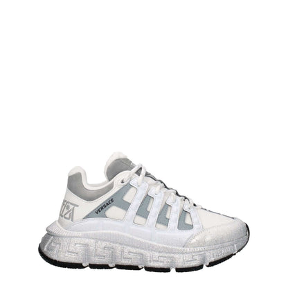 Versace White Fabric Athletic Sneakers featuring logos, lace-up closure, and rubber sole.