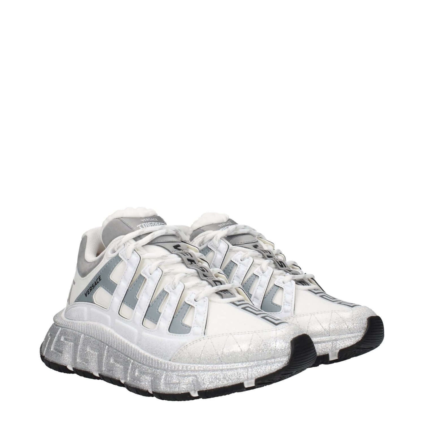 Versace White Fabric Athletic Sneakers with lace-up closure, logos, and rubber sole featuring silver accents and mid-height heels.