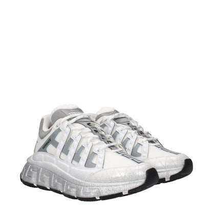 Versace White Fabric Athletic Sneakers with lace-up closure, logos, and rubber sole featuring silver accents and mid-height heels.