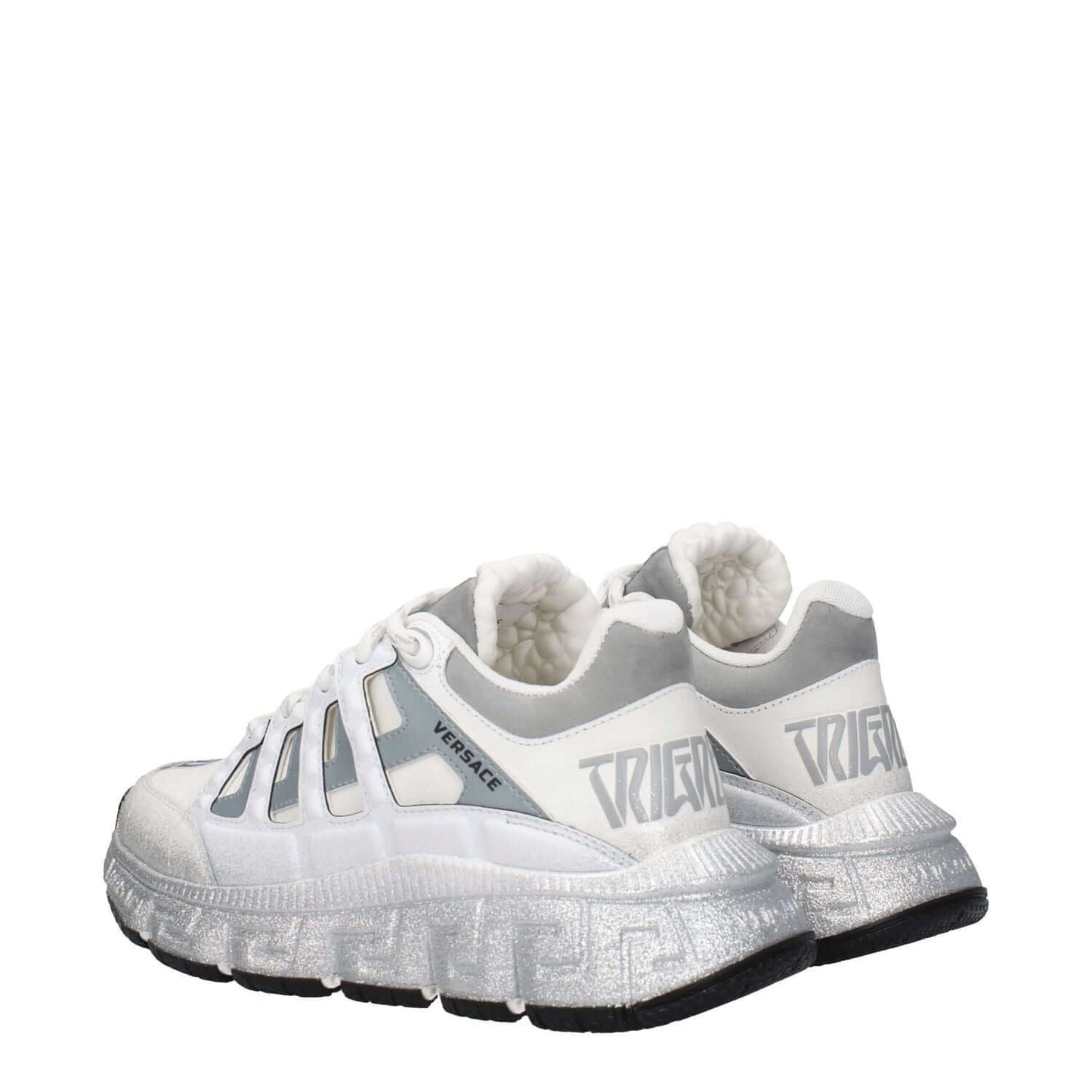 Versace White Fabric Athletic Sneakers with lace-up closure, logos, and silver accents on rubber sole, ideal for casual style.