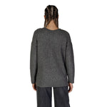 Back view of Vila Clothes Gray Marabou Sweater, women's fall/winter sweatshirt, 76% acrylic, 21% recycled polyester, 3% spandex.