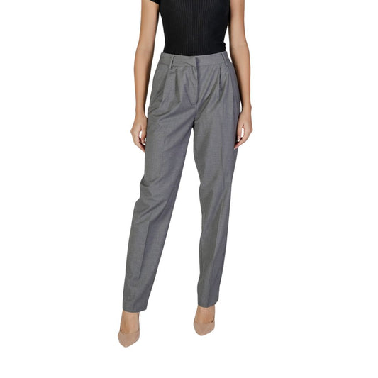 Vila Clothes Gray Polyester Pant with high waist and front pleats for women.