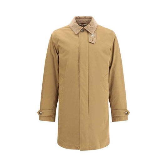 Woolrich Beige Polyester Coat with corduroy collar, padding, and knee-length design for winter elegance and functionality.