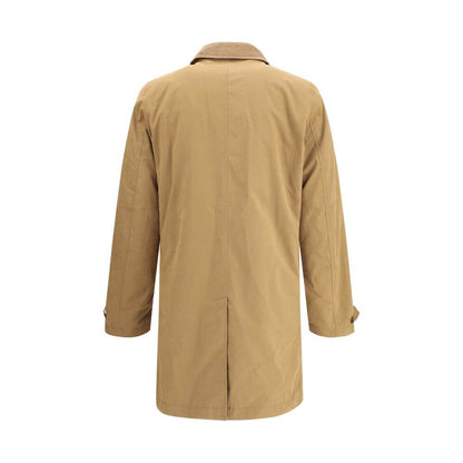 Back view of Woolrich Beige Polyester Coat with corduroy collar, knee length design, and elegant style.