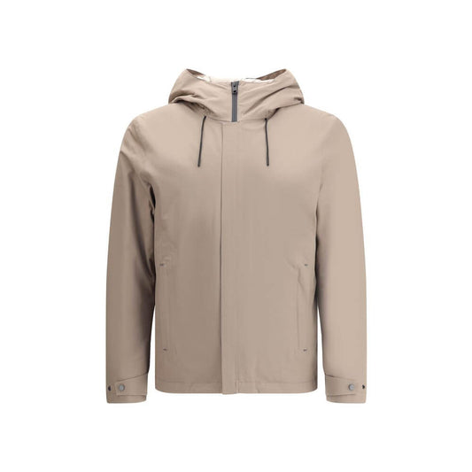 Woolrich Beige Polyester Shell Jacket with adjustable drawstring hood, double-slider zipper, and side welt pockets for functionality.