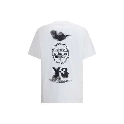 Y-3 White Cotton Sportswear T-shirt with ribbed neck and bold overlapping logo graphic, showcasing contemporary style and comfort.