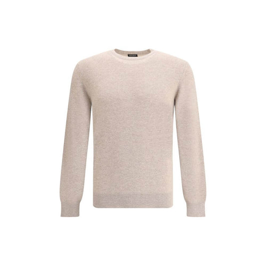 ZEGNA Beige Cashmere Cashmere Sweater with ribbed crew neck, showcasing luxury and timeless elegance. 100% cashmere, regular fit, AW25 season.