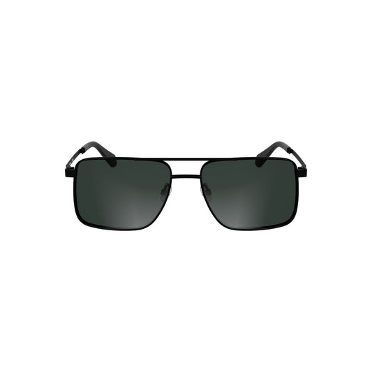 Calvin Klein black metal men's sunglasses with sleek square smoke lenses, offering substantial eye protection and iconic style.