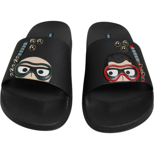 Dolce & Gabbana Black Divers Leather Flats Slides Sandals Beachwear Shoes
